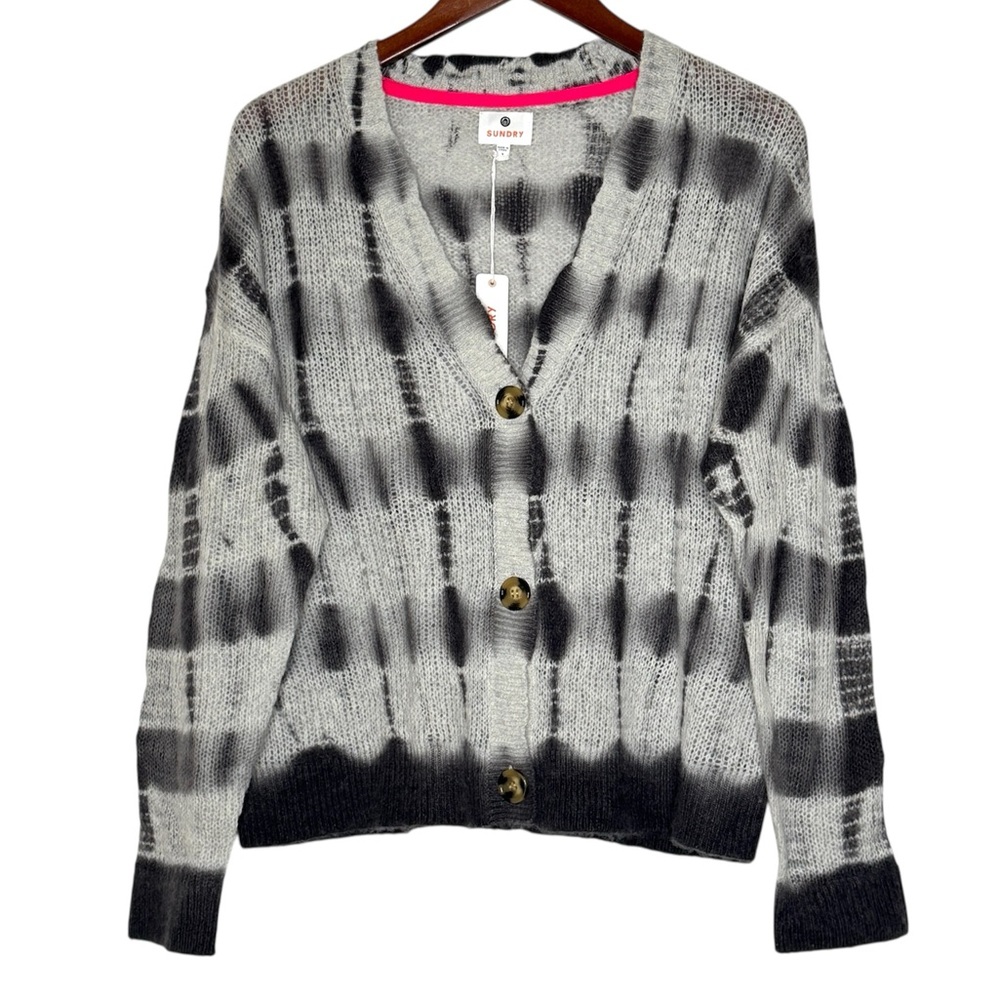Sundry Boxy Cashmere Cardigan Merino Wool Sweater Charcoal Gray Tie Dye SZ Small